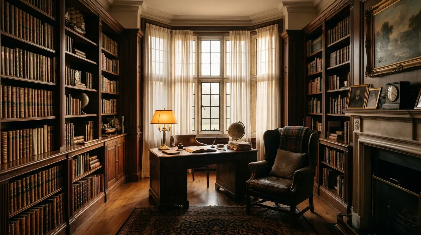 Warmly lit private study with dark wood bookshelves — the quiet, considered setting of Celeste Lim's estate planning practice