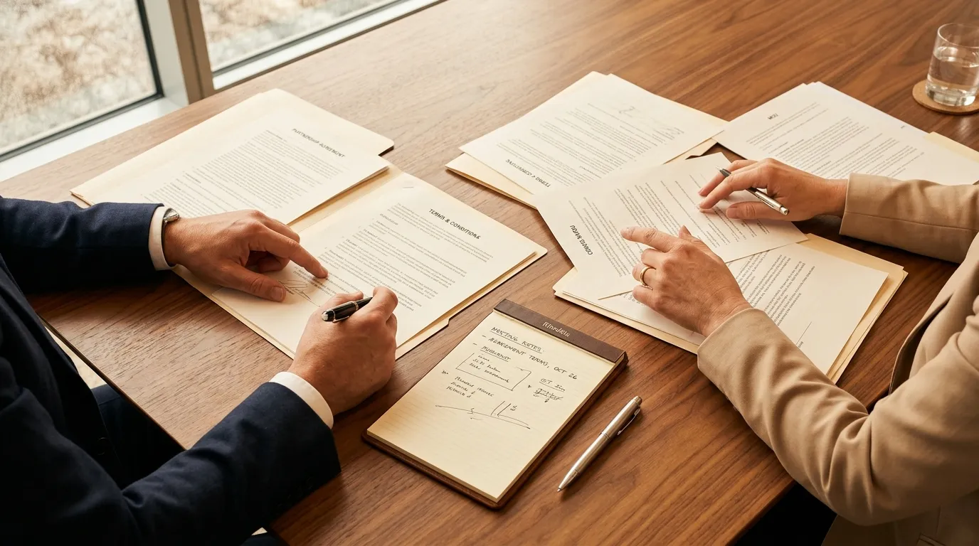 Two people reviewing documents at a table