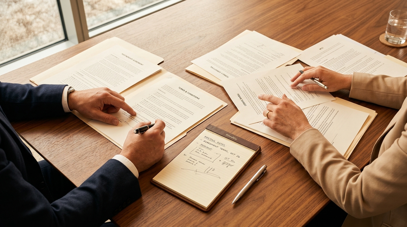 Two people reviewing documents at a table